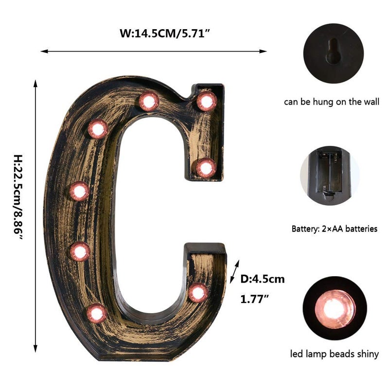 OYCBUZO Golden Black Led Marquee Letter - Industrial, Vintage Style Light Up Alphabet Letter Sign for Cafe Wedding Birthday Party Christmas Lamp Home Bar Initials Decor - C - Image 5